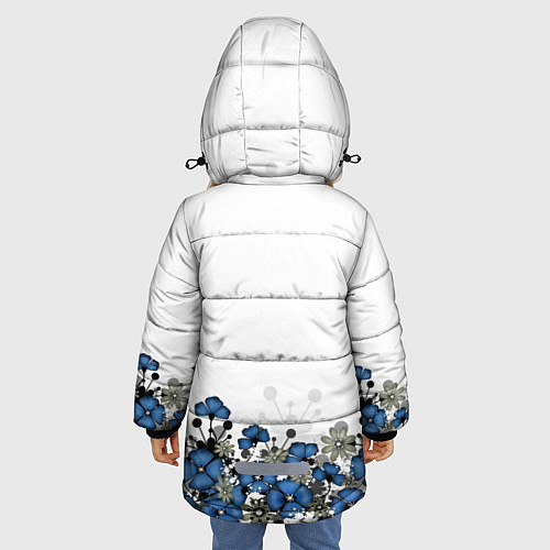 Зимняя куртка для девочки Синий цветочный узор -кайма / 3D-Светло-серый – фото 4