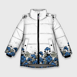 Зимняя куртка для девочки Синий цветочный узор -кайма