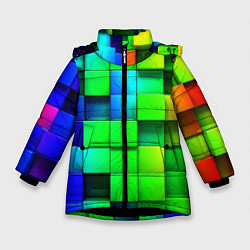 Куртка зимняя для девочки Цветные неоновые кубы, цвет: 3D-черный