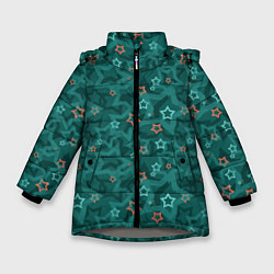 Куртка зимняя для девочки Темный бирюзовый узор со звездами, цвет: 3D-светло-серый