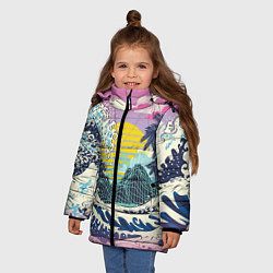 Куртка зимняя для девочки Штормовые океанские волны и пальмы, цвет: 3D-светло-серый — фото 2