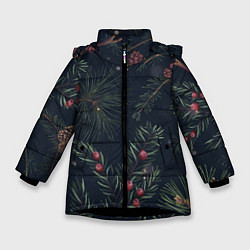 Куртка зимняя для девочки Новый год ночной лес, цвет: 3D-черный