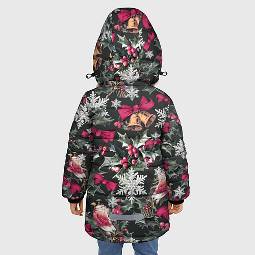 Зимняя куртка для девочки Новый год колокольчики, птицы, снежинки / 3D-Красный – фото 4