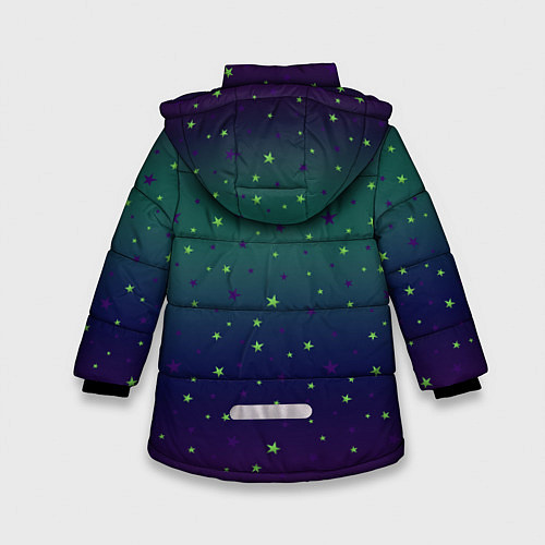 Зимняя куртка для девочки Неоновые зеленые и сиреневые звезды на темно зелен / 3D-Черный – фото 2