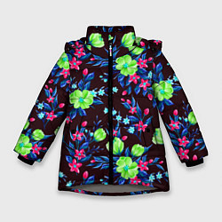 Куртка зимняя для девочки Неоновые цветы - паттерн, цвет: 3D-светло-серый