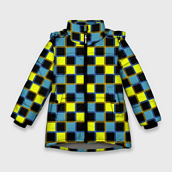 Куртка зимняя для девочки Желто-синий клетчатый яркий неоновый узор, цвет: 3D-светло-серый