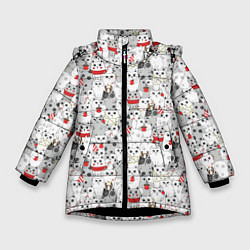 Куртка зимняя для девочки Новогодний паттерн с котиками, цвет: 3D-черный