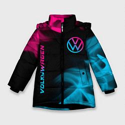 Куртка зимняя для девочки Volkswagen - neon gradient: надпись, символ, цвет: 3D-черный