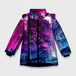 Куртка зимняя для девочки Сиреневый лес - глитч, цвет: 3D-черный