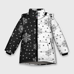 Куртка зимняя для девочки Рождественские снежинки на черно-белом фоне, цвет: 3D-светло-серый