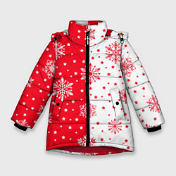 Куртка зимняя для девочки Рождественские снежинки на красно-белом фоне, цвет: 3D-красный