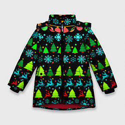 Куртка зимняя для девочки Узор с ёлками и оленями, цвет: 3D-красный