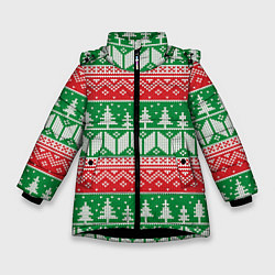 Куртка зимняя для девочки Зимний вязанный фон с елочками, цвет: 3D-черный