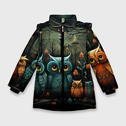 Куртка зимняя для девочки Совы в стиле Folk Art, цвет: 3D-черный
