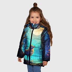 Куртка зимняя для девочки Волк в ночном лесу в folk art стиле, цвет: 3D-светло-серый — фото 2