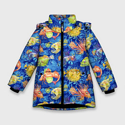 Зимняя куртка для девочки Большие акварельные рыбы