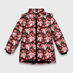 Куртка зимняя для девочки Маски лисиц кицунэ и камелия на черном, цвет: 3D-черный