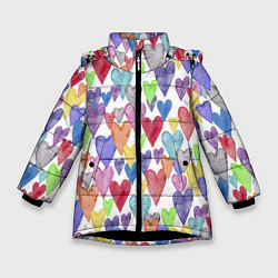 Куртка зимняя для девочки Разноцветные сердечки Калейдоскоп, цвет: 3D-черный