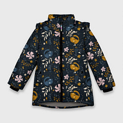 Куртка зимняя для девочки Растительный паттерн с котиками, цвет: 3D-светло-серый