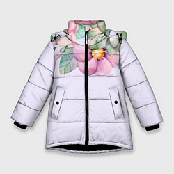 Куртка зимняя для девочки Пастельные цветы акварелью - наверху, цвет: 3D-черный