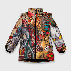 Куртка зимняя для девочки Иредзуми: демон и дракон, цвет: 3D-черный