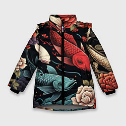 Куртка зимняя для девочки Узор с японскими карпами кои, цвет: 3D-светло-серый