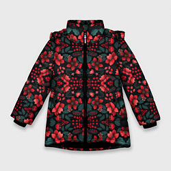 Куртка зимняя для девочки Растительный узор из красных цветов, цвет: 3D-черный