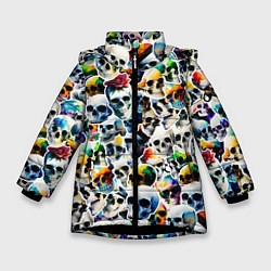 Куртка зимняя для девочки Акварельные черепа, цвет: 3D-черный