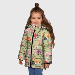 Куртка зимняя для девочки Акварельные цветы - паттерн зеленый, цвет: 3D-светло-серый — фото 2