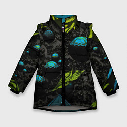 Куртка зимняя для девочки Зеленые абстрактные листья, цвет: 3D-светло-серый