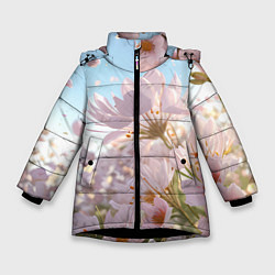 Зимняя куртка для девочки Розовые цветы на фоне неба