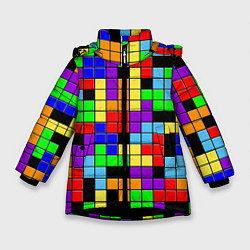 Куртка зимняя для девочки Тетрис цветные блоки, цвет: 3D-черный