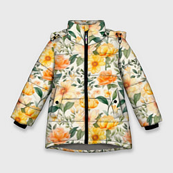 Зимняя куртка для девочки Желтые и розовые хризантемы и пионы на светлом фон