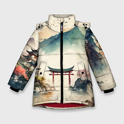 Куртка зимняя для девочки Японский пейзаж - акварель, цвет: 3D-красный