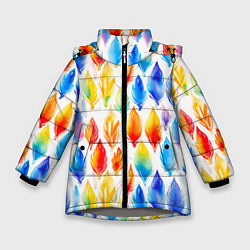 Куртка зимняя для девочки Желто-красно-синие перья тай-дай: паттерн, цвет: 3D-светло-серый