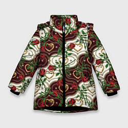 Куртка зимняя для девочки Романтика - сердечки и розы, цвет: 3D-черный