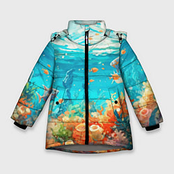 Куртка зимняя для девочки Морской подводный мир, цвет: 3D-светло-серый