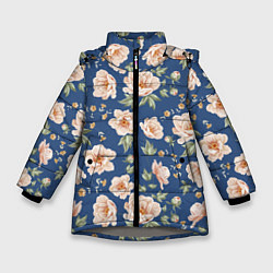 Зимняя куртка для девочки Розовые пионы на синем фоне