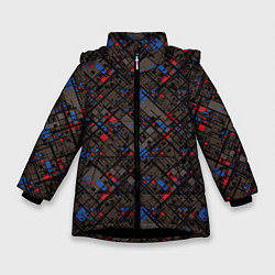 Зимняя куртка для девочки Красные, синие, черные фигуры и линии на коричнево