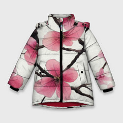 Куртка зимняя для девочки Цветы и ветви японской сакуры - текстура холста, цвет: 3D-красный