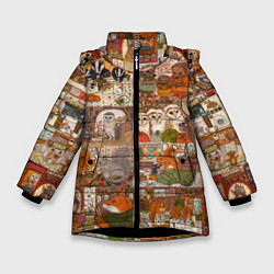 Зимняя куртка для девочки Коллаж из сказочных зверей - совы, белки, ёжики