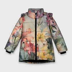 Куртка зимняя для девочки Акварельные лилии, цвет: 3D-черный