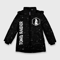 Зимняя куртка для девочки Tomb Raider glitch на темном фоне: надпись, символ
