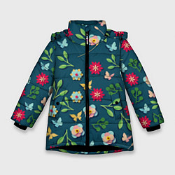 Куртка зимняя для девочки Цветы и разноцветные бабочки, цвет: 3D-черный