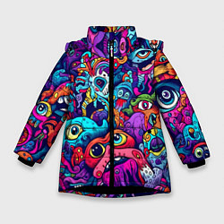 Куртка зимняя для девочки Кислотные монстры, цвет: 3D-черный