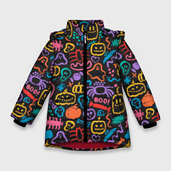Куртка зимняя для девочки Halloween colorful pumpkins, ghosts, spiders, цвет: 3D-красный
