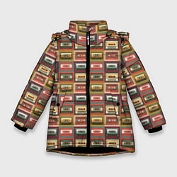Куртка зимняя для девочки Коллекция старинных аудиокассет, цвет: 3D-черный