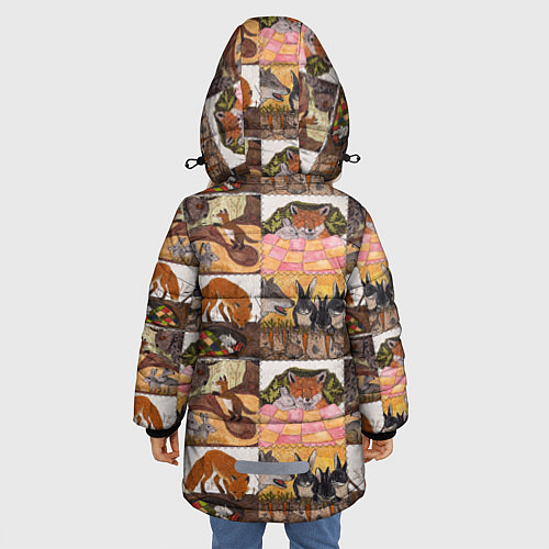 Зимняя куртка для девочки Коллаж из рисунков с лисой / 3D-Красный – фото 4