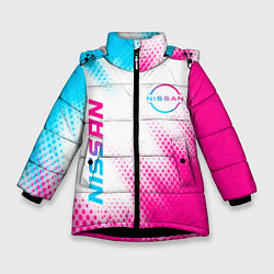 Куртка зимняя для девочки Nissan neon gradient style: надпись, символ, цвет: 3D-черный