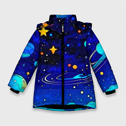 Куртка зимняя для девочки Мультяшный космос темно-синий, цвет: 3D-черный